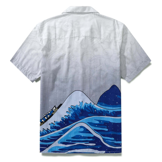 Japanese Ukiyo-e inspired wave print shirt, camp collar