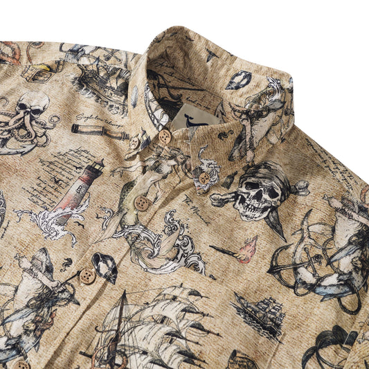 Men's Hawaiian Shirt Short Sleeve Button-down 100% Cotton Beige Aloha Pirate’s Log: The Sea Monster