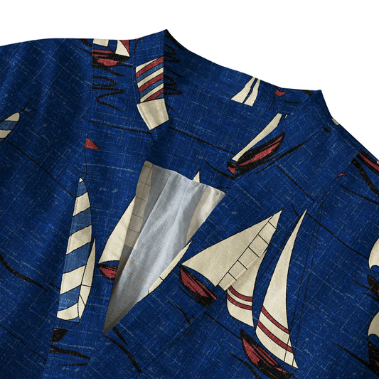Blue nautical art shirt with sailboat design, V-neck