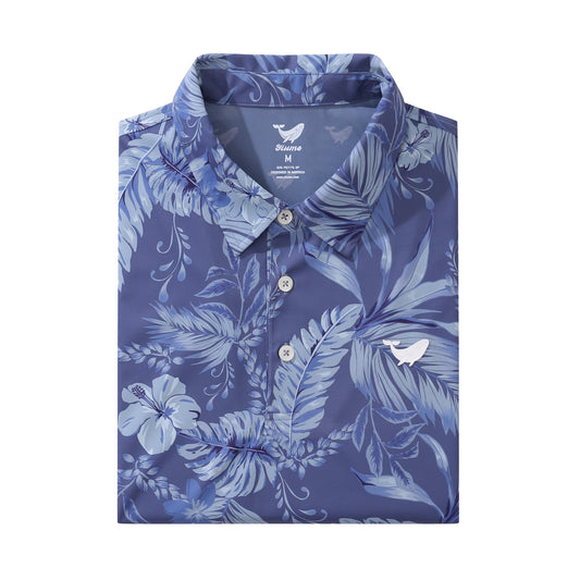 Men's Hawaiian Tropical Blue Bush Print Short Sleeve Polo Shirt Tropical Blue Bush Polo