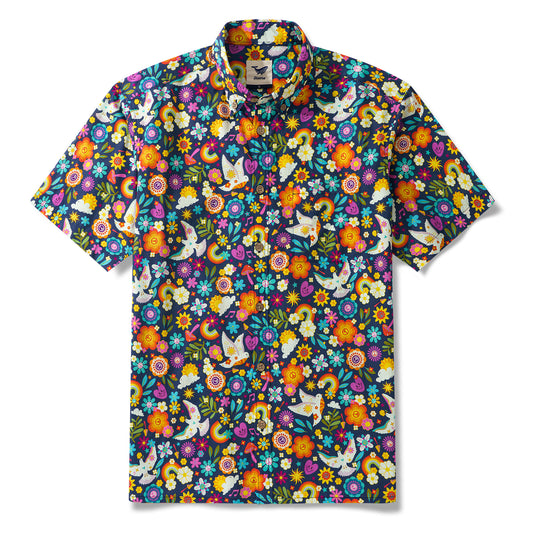 Love and Peace 100% Cotton Men's Aloha Hawaiian Short Sleeve Button-down Shirt