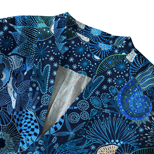 Women's blue art shirt with coral and turtle print