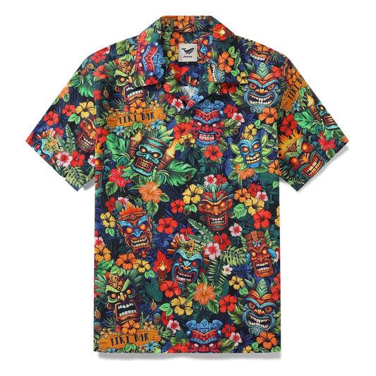 Authentic Hawaiian Shirt for Men, 1940s TIKI BAR design, camp collar