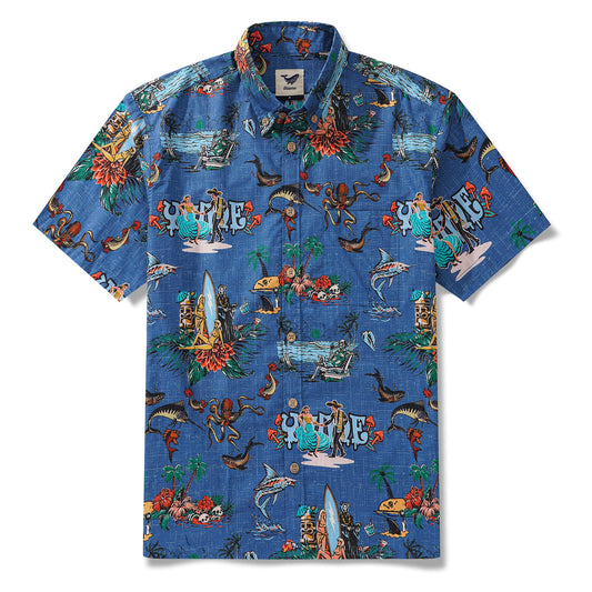 Men's Hawaiian Shirt Short Sleeve Button-down 100% Cotton Blue Aloha Hot Paradise Beach
