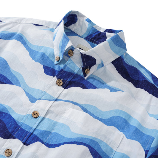 Men's Hawaiian shirt with ocean wave design, blue color, button-down