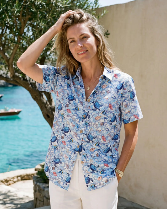 Women's Hawaiian Shirt with Wandering Turtle Design