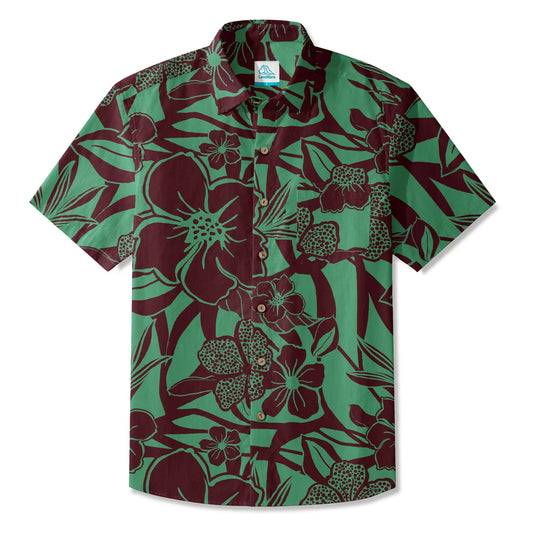 Green Aloha men's Hawaiian shirt with tropical flower print