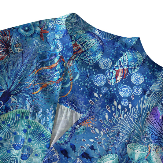 Blue aloha watercolor blouse, women's art-inspired design