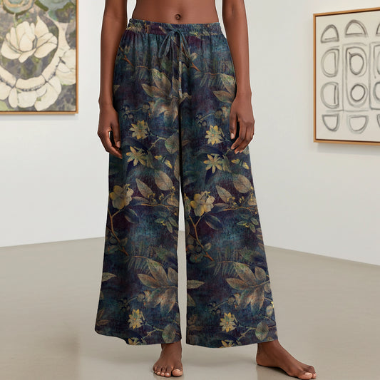 Women Casual Floral Wide Leg Pants Lounge Elastic Waist Drawstring with Pockets 93% Lyocell, 7% Linen Green Aloha Atmospheric Plant Whispers By Patch