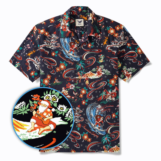 Men's Hawaiian Shirt with Santa surfing, 100% cotton, blue
