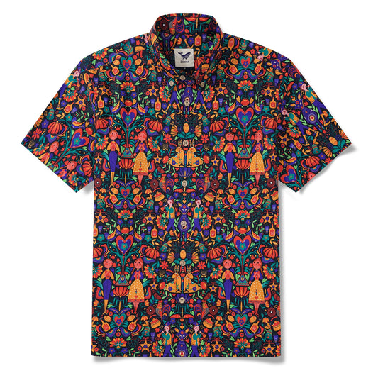 Men's Hawaiian Shirt Short Sleeve Button-down 100% Cotton Black Aloha Scandinavian Folk Party By Pallavi Chaudhary