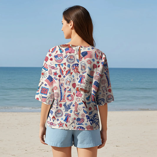 Women's blue aloha art shirt with patriotic red, white, and blue design