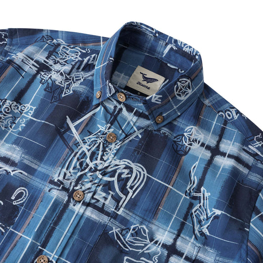 Blue graffiti plaid shirt, men's long sleeve, button-down