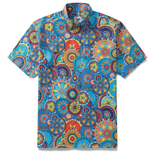 Blue Mandala Hawaiian Shirt For Men Short Sleeve Geometric Button-down Shirt 100% Cotton Shirt Mandala Mosaic