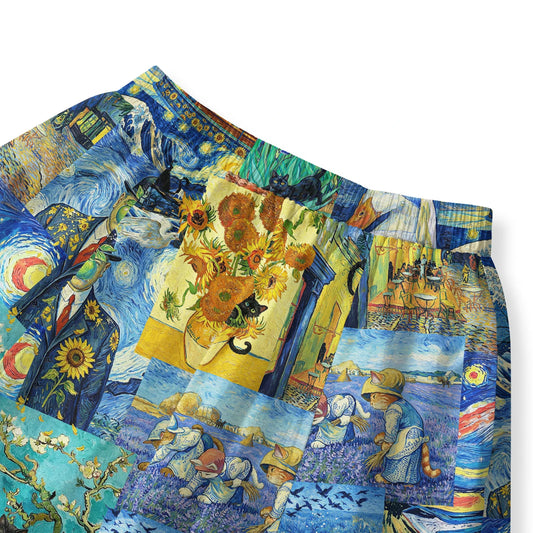 Close-up of Starry Night cat fantasy print on women's skirt