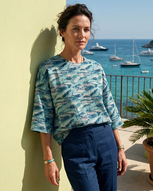 Blue Mosaic Fish Women's Art Shirt, lyocell linen, elbow sleeve