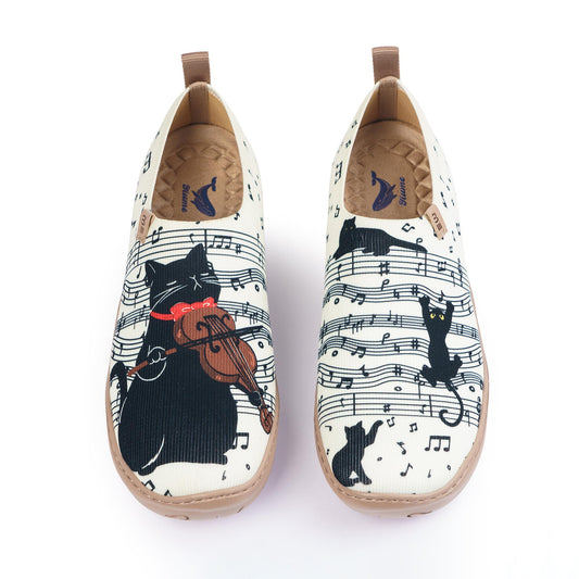 Yiume Women's Art Slip-On Shoes Black Cat Melody design