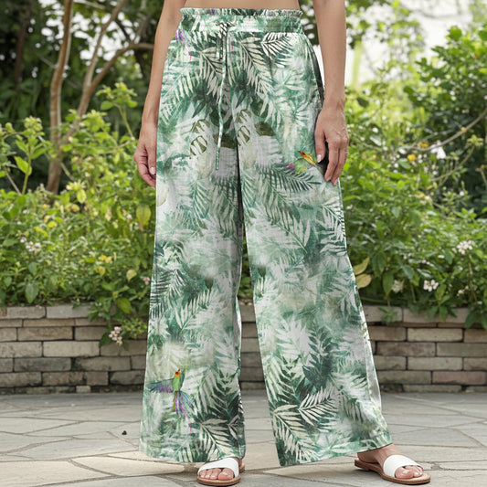 Women Casual Floral Wide Leg Palazzo Pants Lounge Elastic Waist Drawstring with Pockets 100% Cotton Green Aloha Tropical Aviary Paradise By Huan huan
