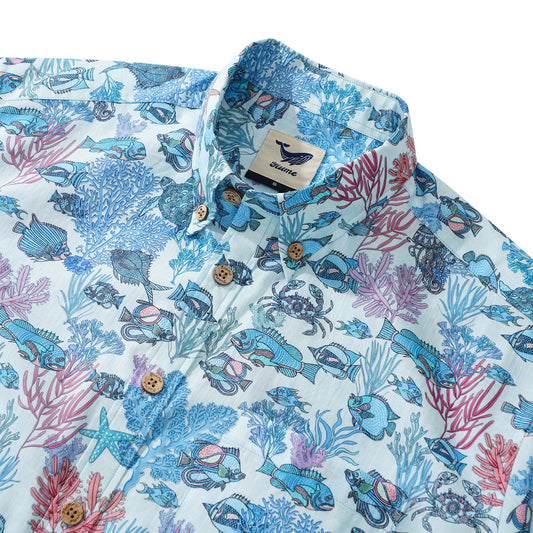 Blue Hawaiian Shirt For Men Fish Shirt Short Sleeve Button-down 100% Cotton Blue Aloha Seaside Boho
