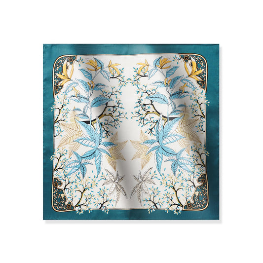 Floral Square Scarf 100% Mulberry Silk Azure Leaf Elegance Azure Leaf Elegance 100% Silk 53*53cm