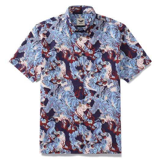 Men's Hawaiian shirt with tiger print, cotton, button-down