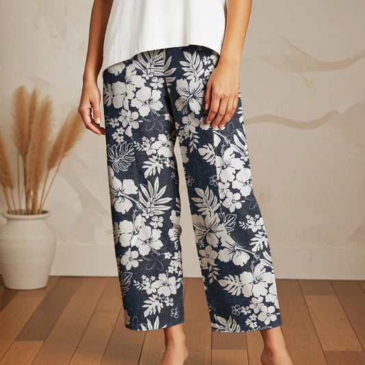 Women Casual Ankle Pants Lounge Elastic Waist with Pockets 93% Lyocell, 7% Linen Blue Aloha Summer Whispers - Hawaiian-inspired Artistic Shirt