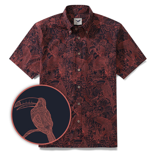 Red Hawaiian shirt with bird print, button-down