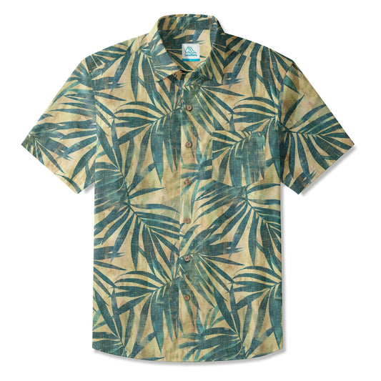 LeosWare men's Hawaiian shirt with green palm leaves