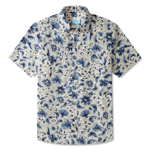 LeosWare Men's Hawaiian Shirt Indigo Blooms Blue