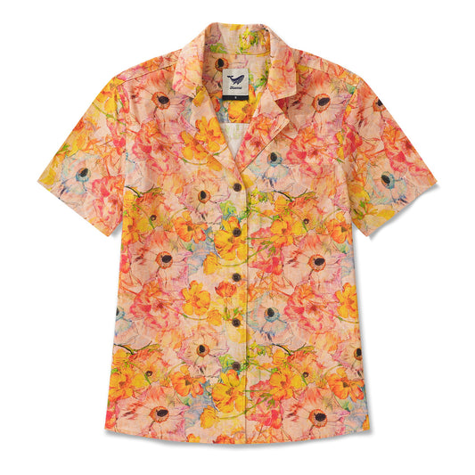 Women's Hawaiian Shirt Short Sleeve Camp Collar 100% Cotton Yellow Aloha Ranunculus Flowers By Pascale Dilger