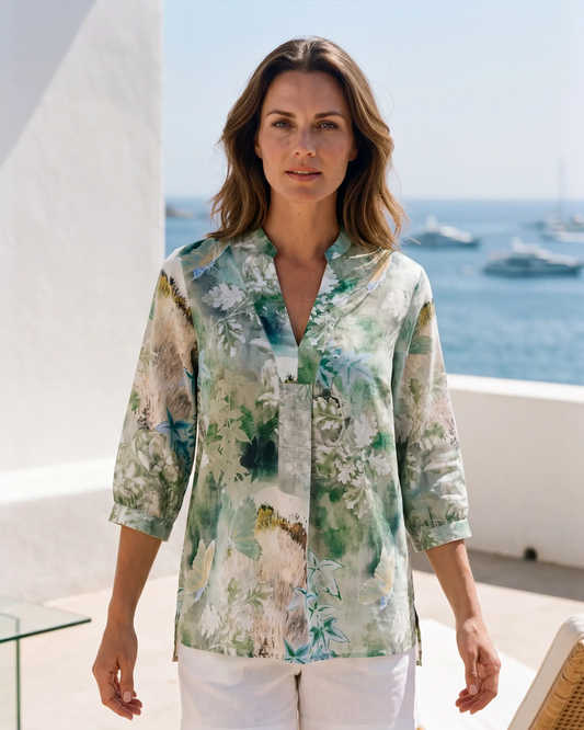 Aloha Forest Sprite women's art shirt, green, 3/4 sleeve, V-neck