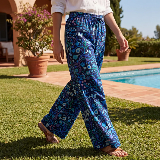 Women's blue floral wide leg pants with elastic waist