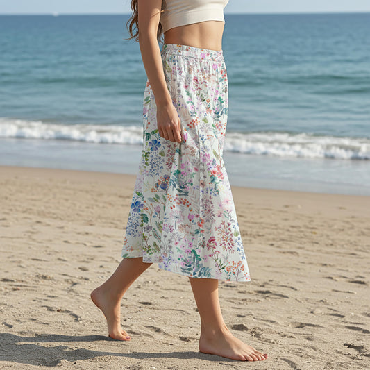 Aloha Botanical Haven Women's Maxi Skirt with floral design, elastic waist, pockets