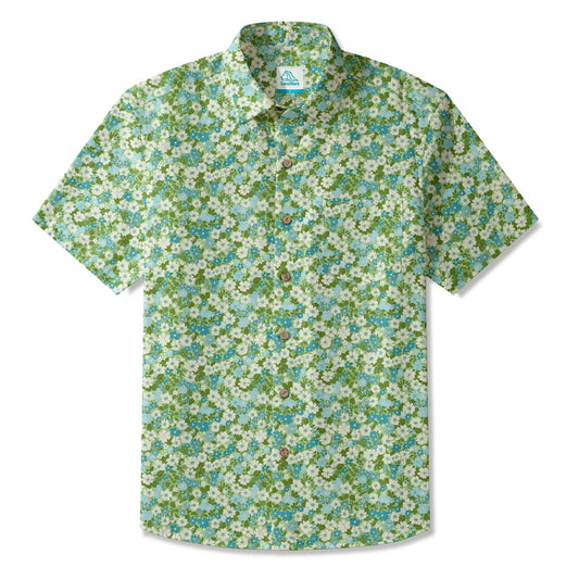 LeosWare Fresh Blooms Men's Hawaiian Shirt, green floral design