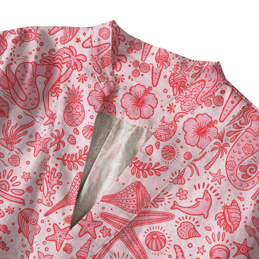 Close-up of ocean doodle print on women's blouse