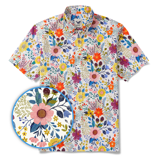 Men's Hawaiian Shirt Short Sleeve Button-down 100% Cotton Beige Aloha Floral Bookmark