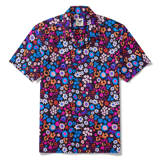 Men's Hawaiian Shirt Short Sleeve Camp Collar 100% Cotton Blue Aloha Enchanted Garden Leopard Print