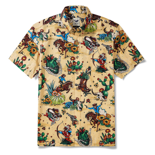 Western Cowboy Hawaiian Shirt For Men Short Sleeve Button-down 100% Cotton Desert Skull Shirt