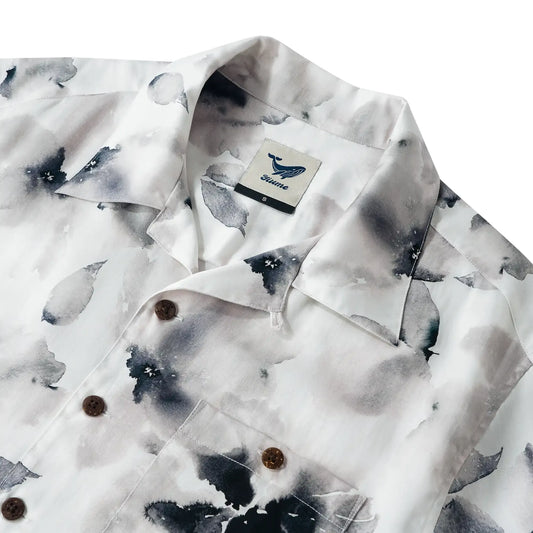 Men's Hawaiian Shirt, Black Ink Blossom Design, Short Sleeve, Camp Collar