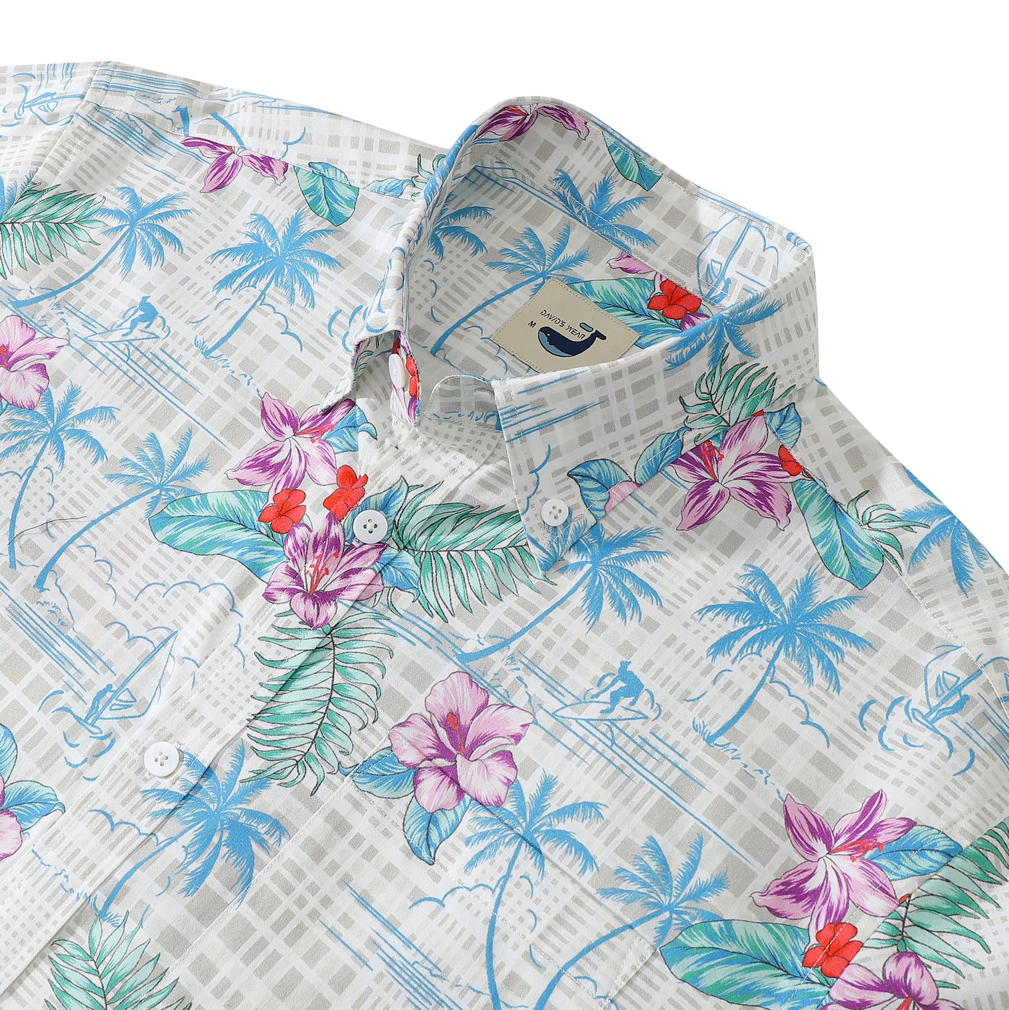Men‘s Aloha Shirts Tropical Floral Cotton Plaid Shirt Button Down Collar