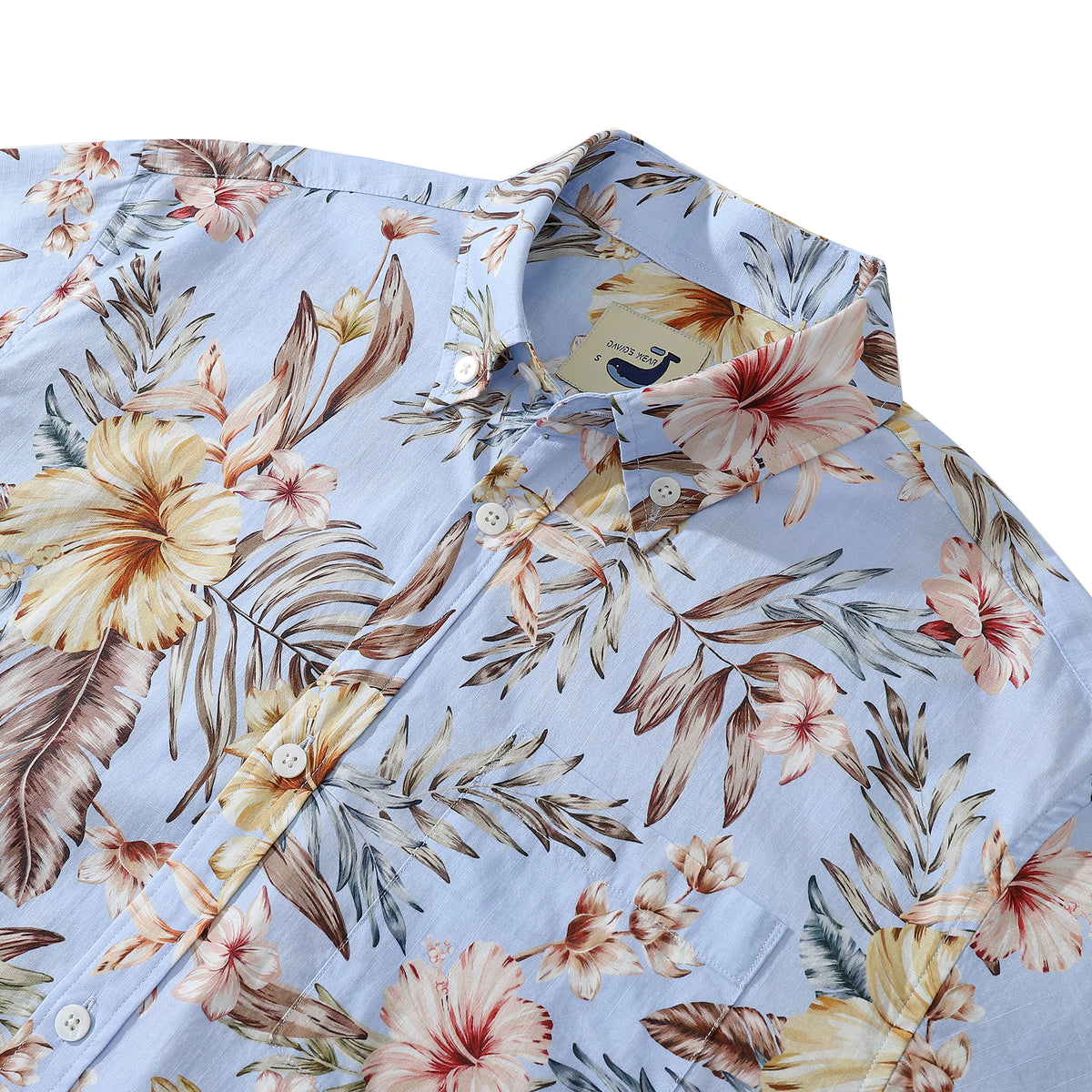 ライトブルーハンドペイントハイビスカスフローラルプリントコットン100ボタンダウンシャツ YIUME(DAVID'S WEAR)