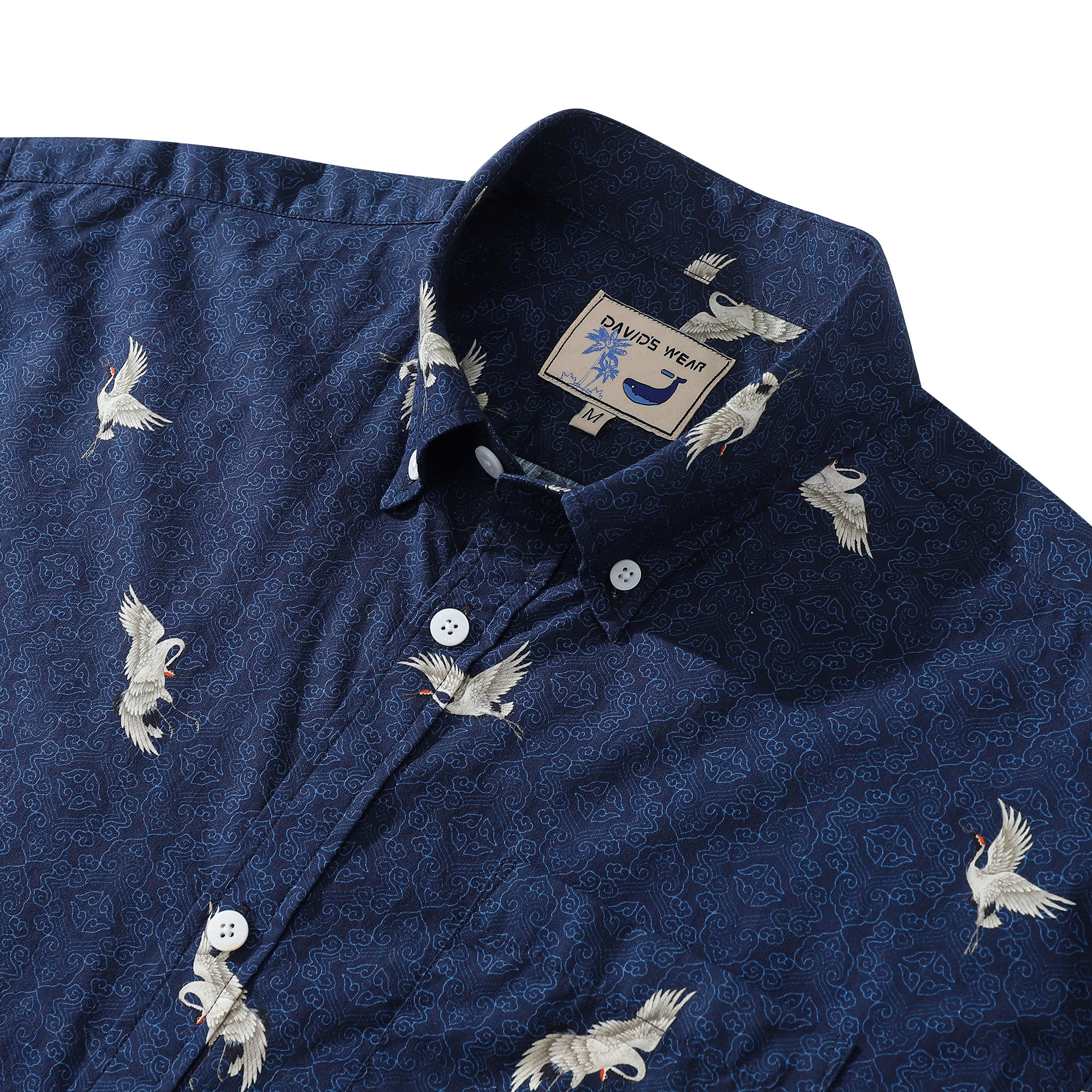 Hawaiian Shirt For Men Crane Print Short Sleeve Cotton Button Down - Blue