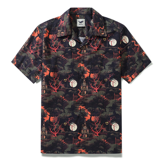 Camisa Hawaiana de Halloween para Hombres Camisa Castillo de Medianoche Cuello Camp 100% Algodón