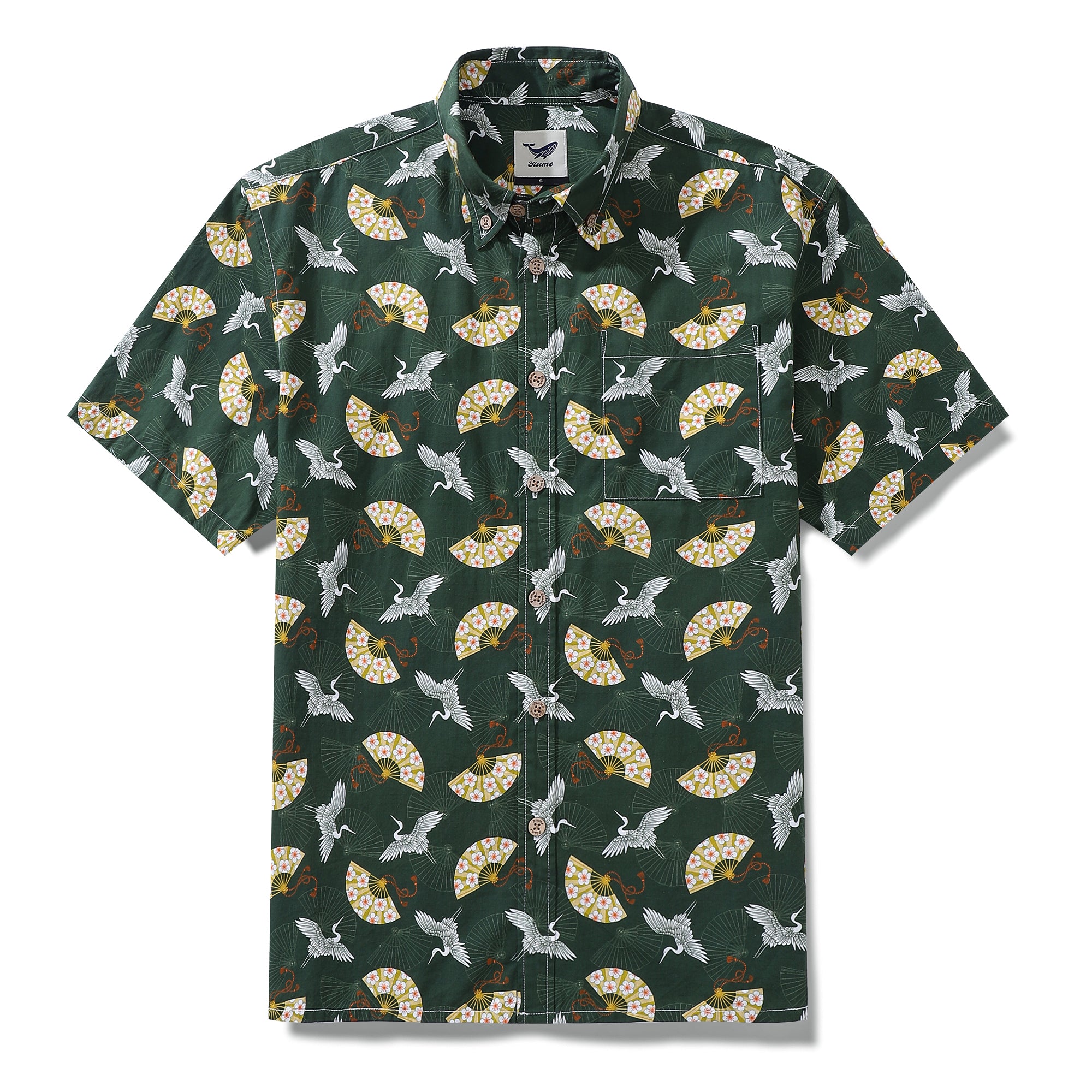 Men's Hawaiian Shirt Luck of the Cranes Print BY Julia Madoka Cotton Button-down Short Sleeve Aloha Shirt