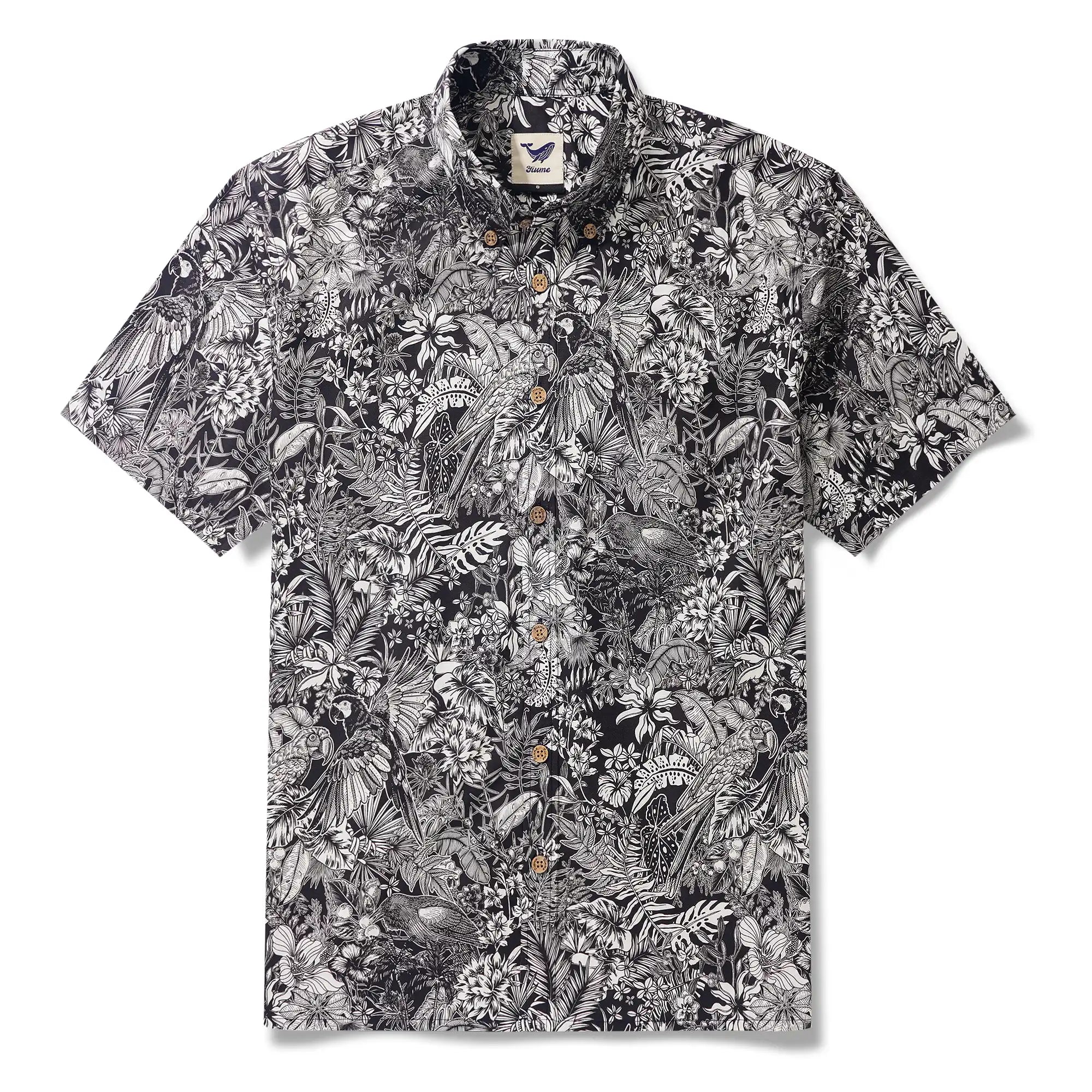 Men's Hawaiian Shirt Short Sleeve Button-down 100% Cotton White Aloha Monochrome Tropical Jungle Charm
