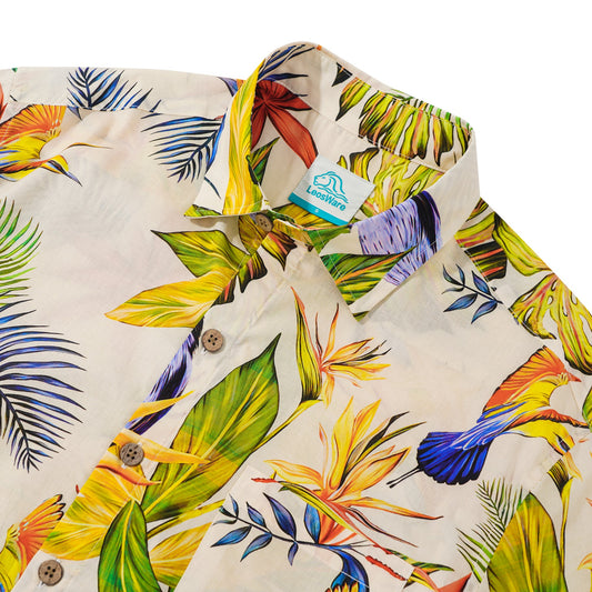 LeosWare® Men's Hawaiian Shirt Short Sleeve Button-up 100% Cotton Beige Aloha Tropical Jungle Bird Illustration