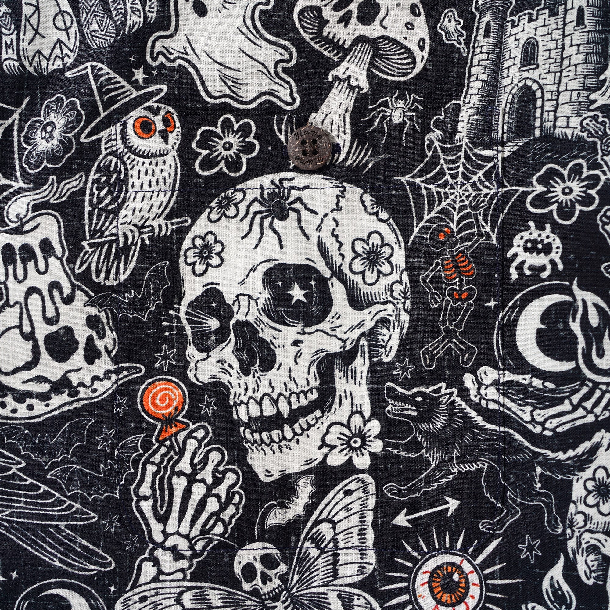 Men's Halloween Shirt Skull Hawaiian Shirt Short Sleeve Camp Collar 100% Cotton Black Halloween Bash