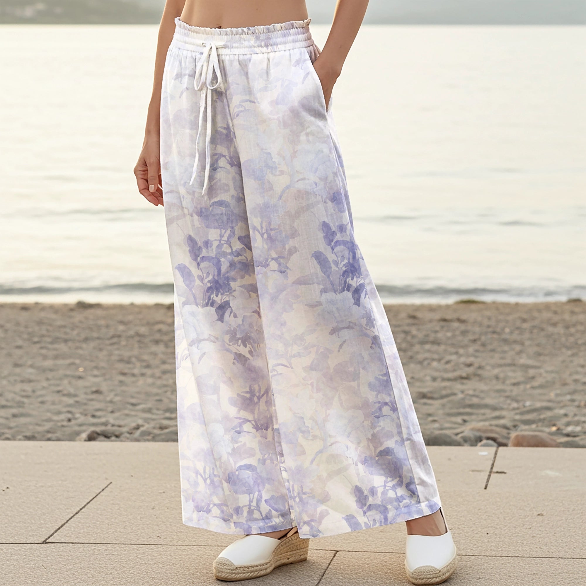 Women Casual Pants Lounge Elastic Waist Drawstring with Pockets 100% Cotton Purple Aloha Soft Haze Blossom
