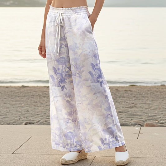 Women Casual Pants Lounge Elastic Waist Drawstring with Pockets 100% Cotton Purple Aloha Soft Haze Blossom