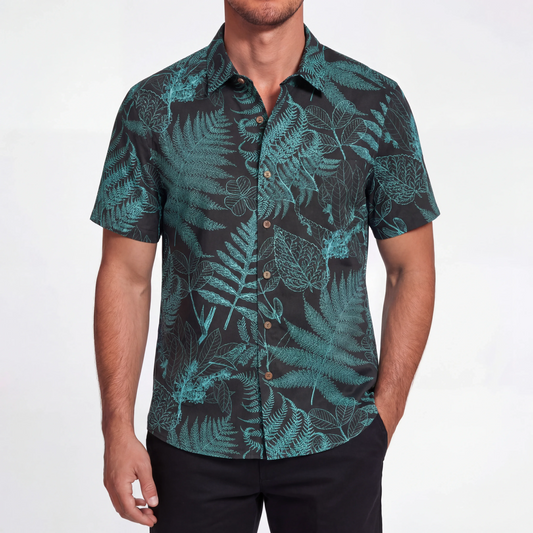 Men's Hawaiian Shirt in blue with fern design, short sleeve
